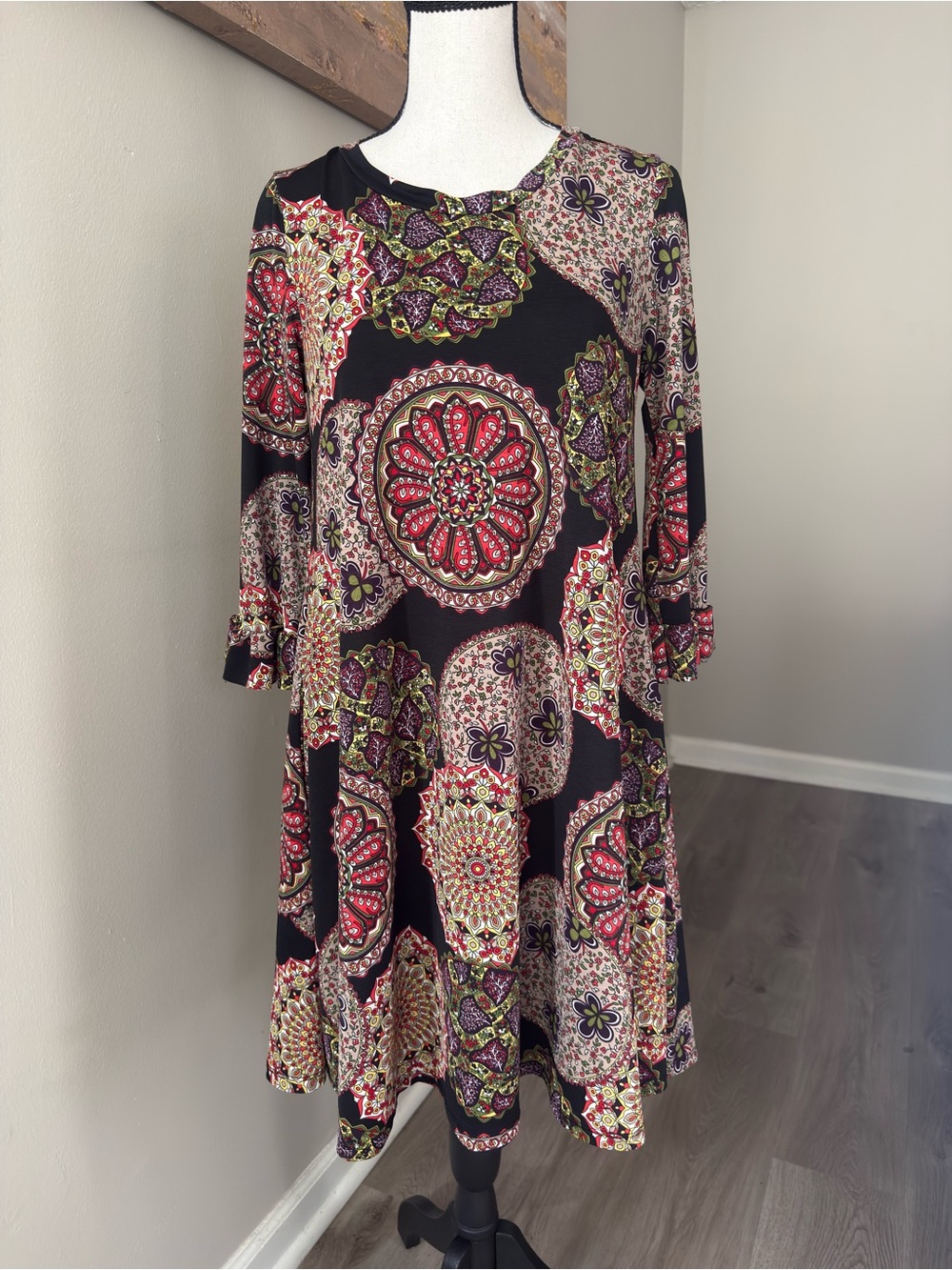 Boho Mandala Print Swing Mini Dress with Pockets | USA Made Size S